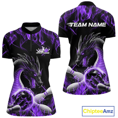 Custom Black And Purple Fire Flame Dragon Bowling Women Quarter-Zip Team Shirt IPHW9823