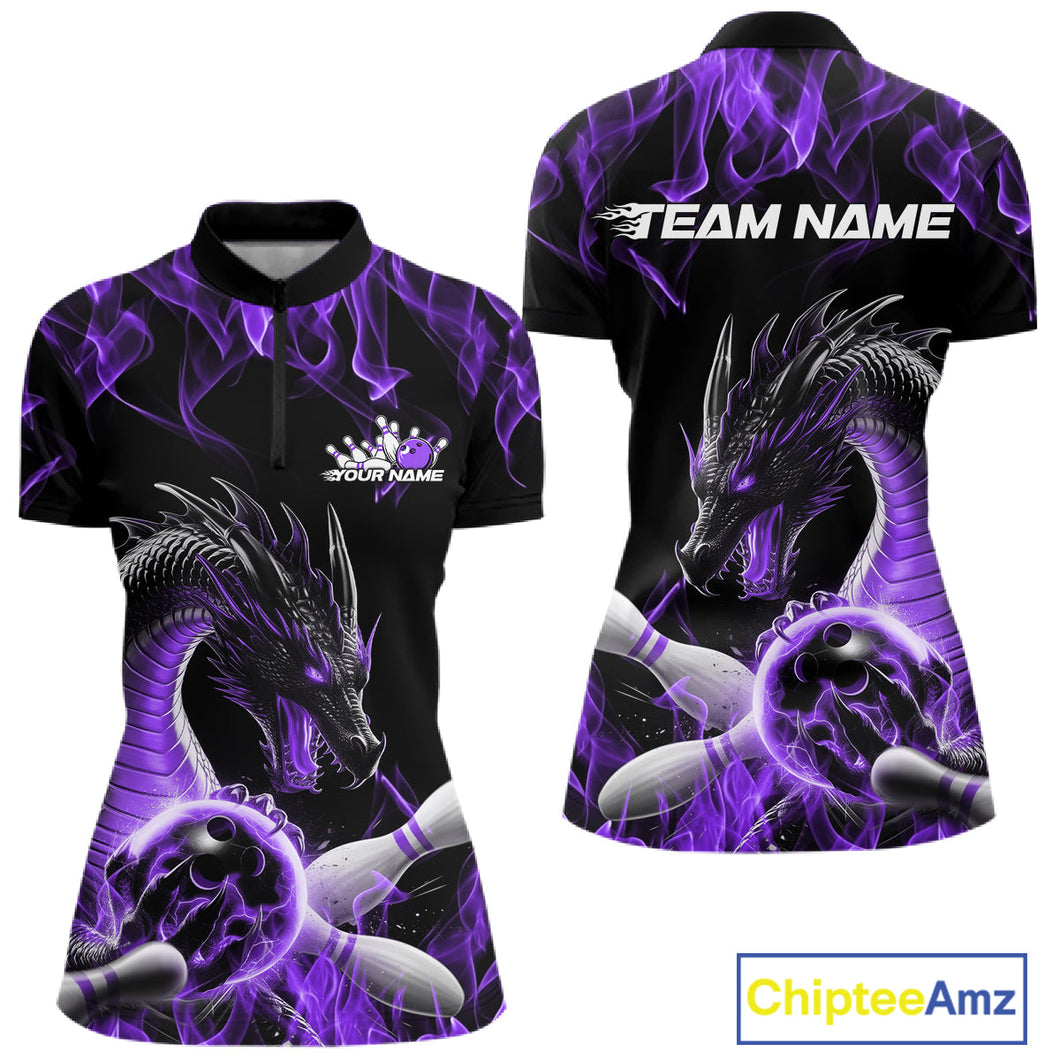 Custom Black And Purple Fire Flame Dragon Bowling Women Quarter-Zip Team Shirt IPHW9823