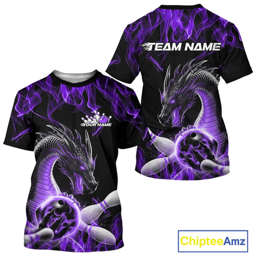 Custom Black And Purple Fire Flame Dragon Bowling T-Shirts For Men, Dragon Bowling Jersey IPHW9823