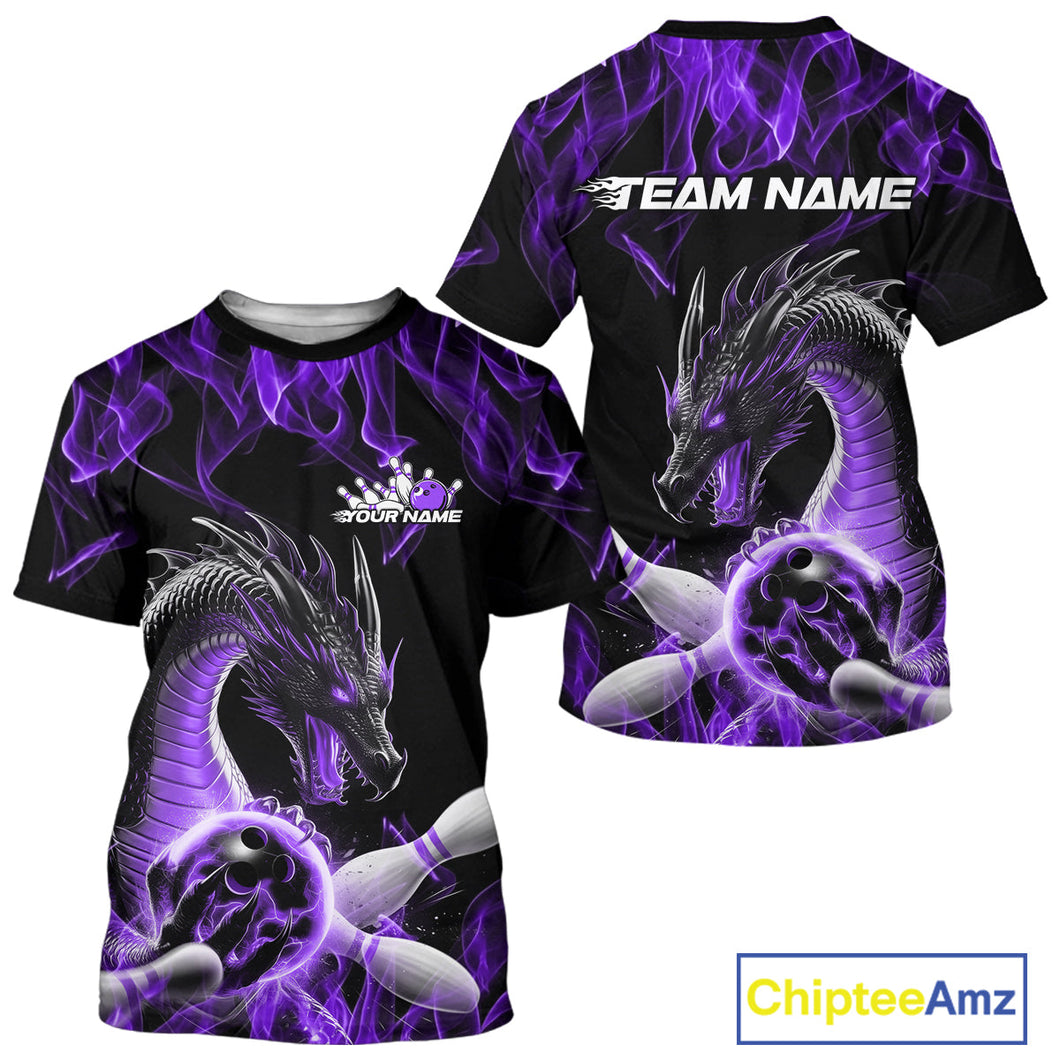 Custom Black And Purple Fire Flame Dragon Bowling T-Shirts For Men, Dragon Bowling Jersey IPHW9823