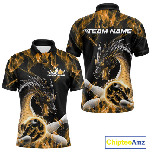 Custom Black And Gold Fire Flame Dragon Bowling Polo Shirt For Men, Dragon Bowling Jersey IPHW9824