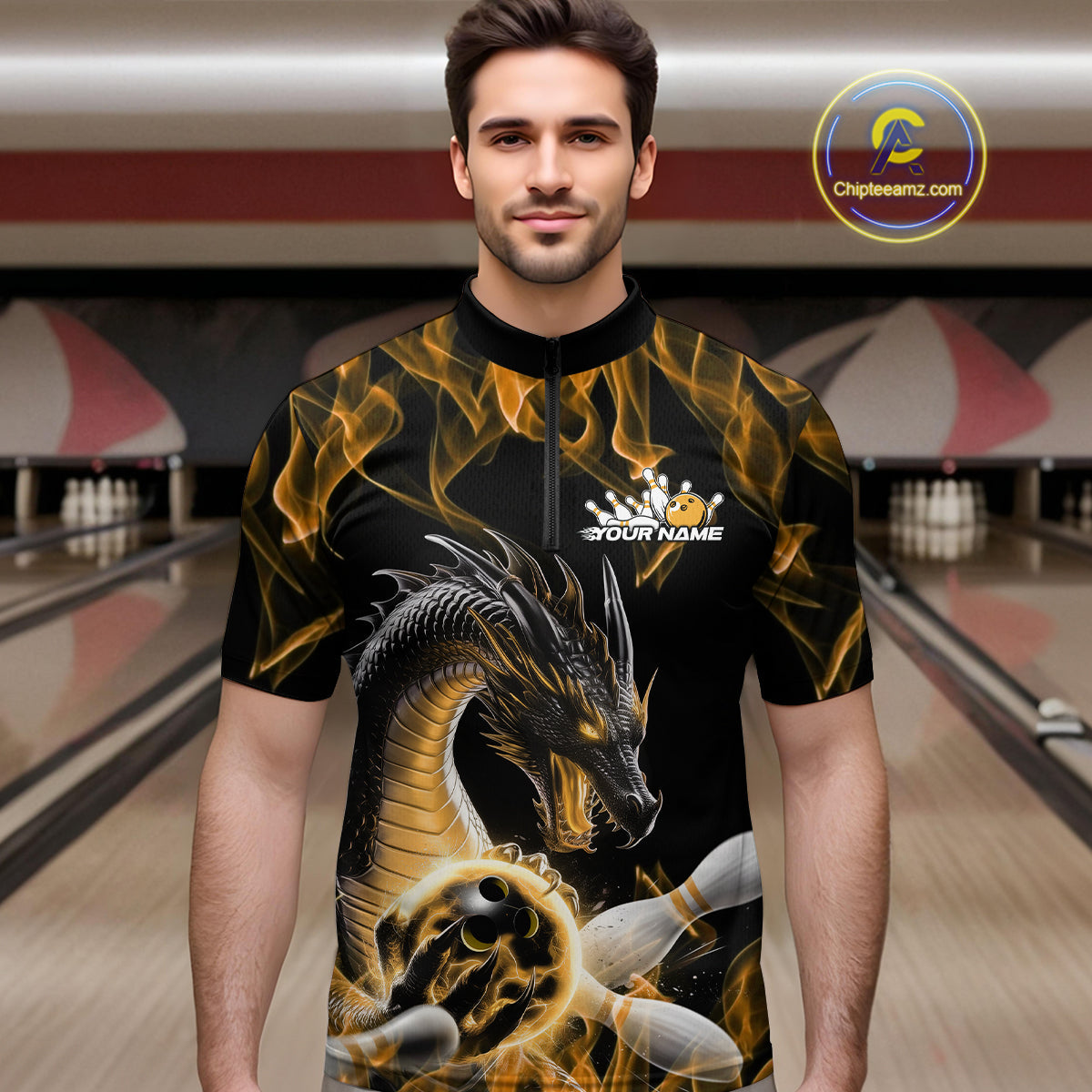 Custom Black And Gold Fire Flame Dragon Bowling Quarter-Zip Shirt For Men, Dragon Bowling Jersey IPHW9824