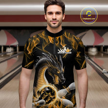 Load image into Gallery viewer, Custom Black And Gold Fire Flame Dragon Bowling Quarter-Zip Shirt For Men, Dragon Bowling Jersey IPHW9824