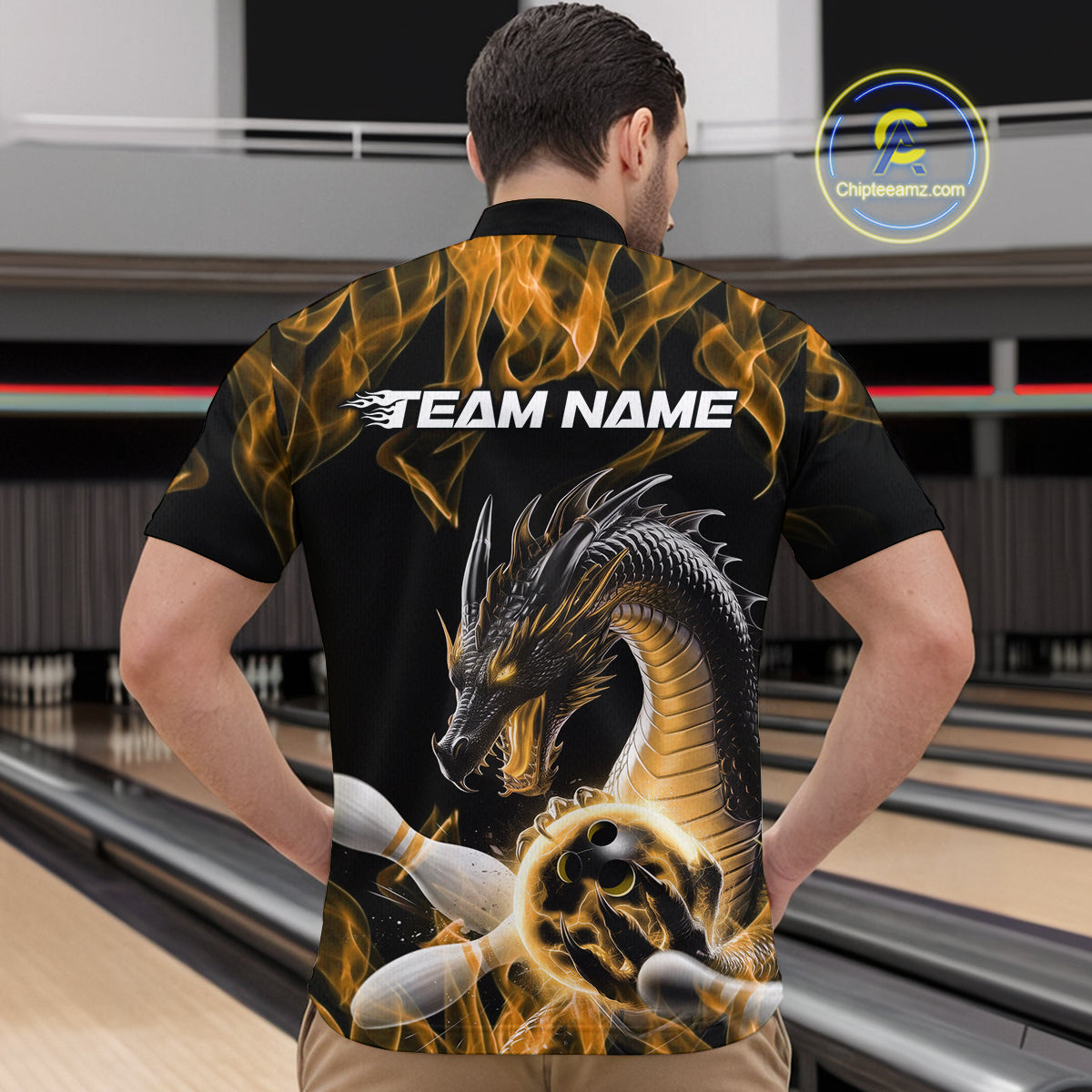 Custom Black And Gold Fire Flame Dragon Bowling Quarter-Zip Shirt For Men, Dragon Bowling Jersey IPHW9824