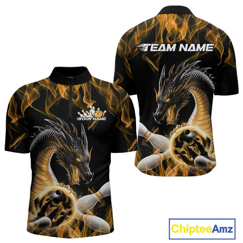 Custom Black And Gold Fire Flame Dragon Bowling Quarter-Zip Shirt For Men, Dragon Bowling Jersey IPHW9824