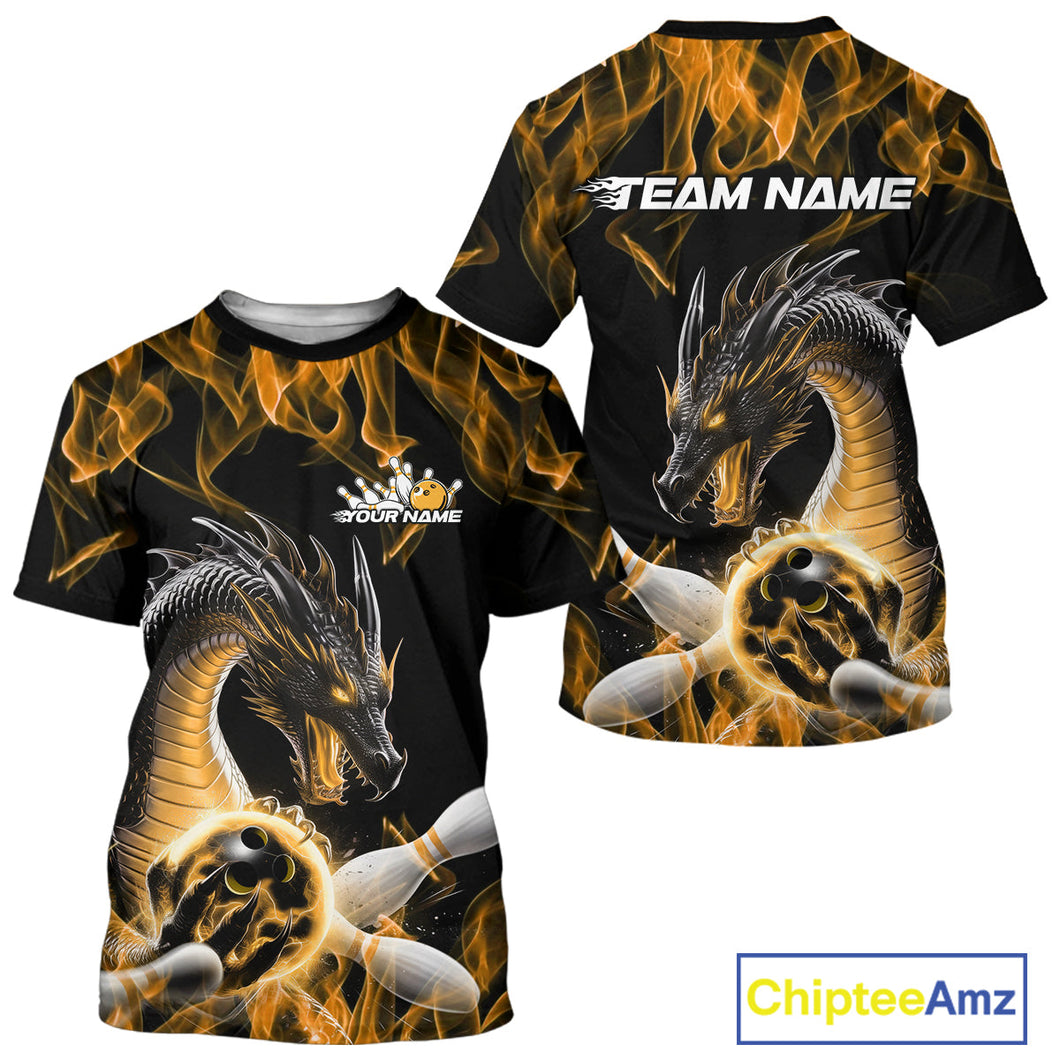 Custom Black And Gold Fire Flame Dragon Bowling T-Shirts For Men, Dragon Bowling Jersey IPHW9824