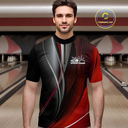 Custom Black And Red Dragon Bowling Quarter-Zip Shirts For Men, Dragon Bowling Jersey IPHW9342