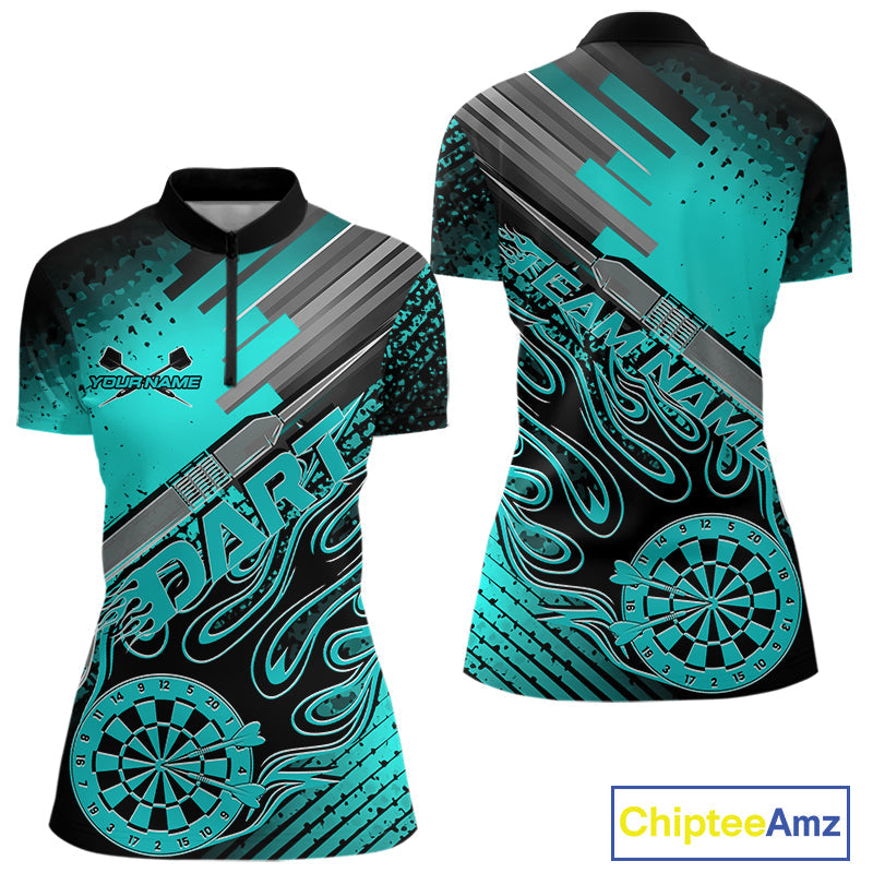 Custom Black And Turquoise Blue Flame Dartboard Women Quarter-Zip Shirt, Dart Uniform IPHW9685