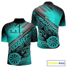 Load image into Gallery viewer, Custom Black And Turquoise Blue Flame Dartboard Dart Quarter-Zip Shirts For Men, Dart Uniform IPHW9685