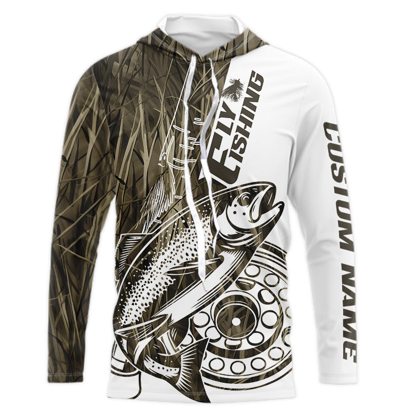 Custom Brown Grass Camo Trout Fly Fishing Long Sleeve Hooded Shirts, Fly Reel Fishing Shirt IPHW9118