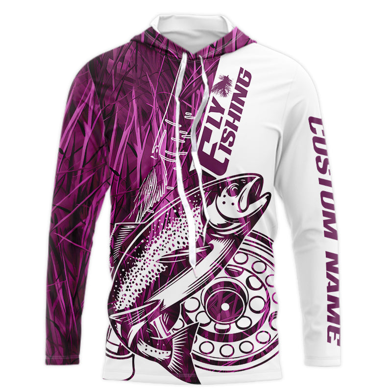 Custom Pink Grass Camo Trout Fly Fishing Long Sleeve Hooded Shirts, Fly Reel Fishing Shirt IPHW9120