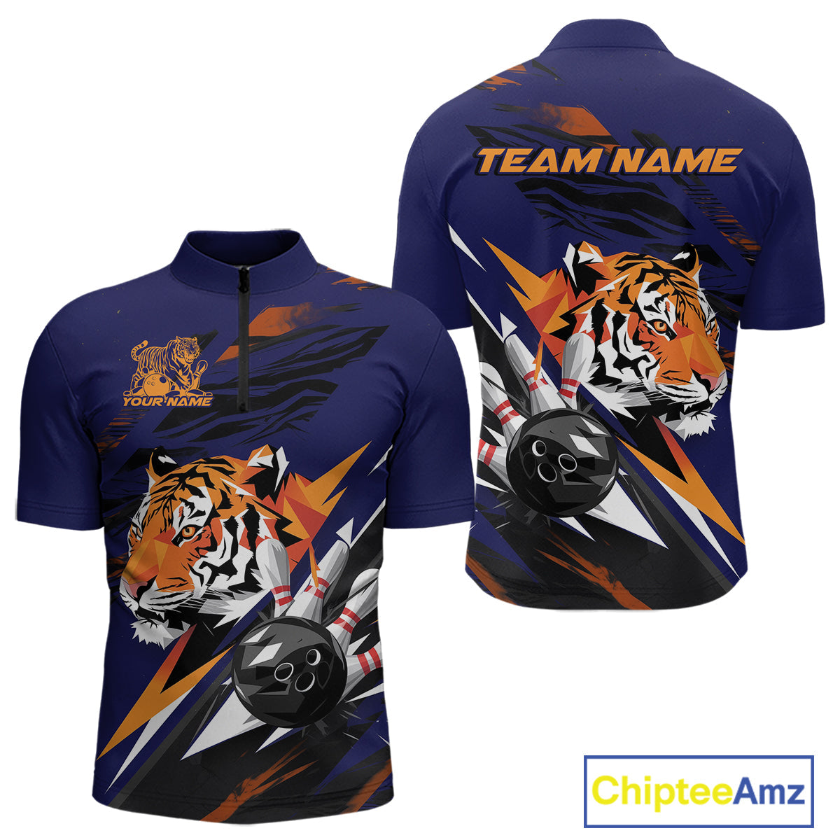 Custom Tiger Bowling Jerseys, Tiger Bowling Quarter-Zip Team Shirts For Men IPHW9490
