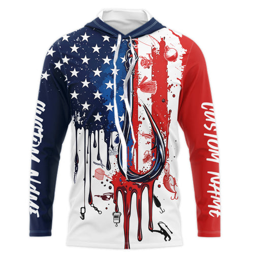 Custom American Flag Fishing Tools Shirts, Patriotic Long Sleeve Hooded Fishing Shirts With Name IPHW9123