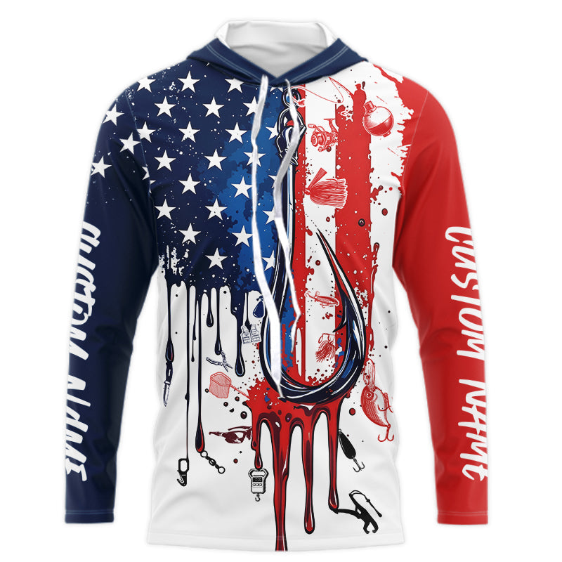 Custom American Flag Fishing Tools Shirts, Patriotic Long Sleeve Hooded Fishing Shirts With Name IPHW9123