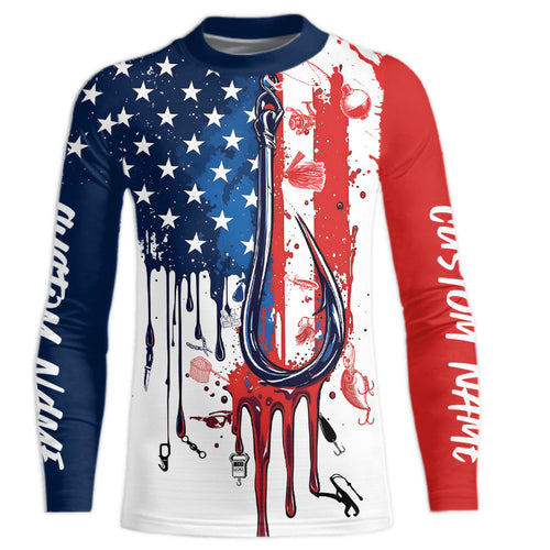 Custom American Flag Fishing Tools Shirts, Patriotic Kid Long Sleeve Fishing Shirts With Name IPHW9123