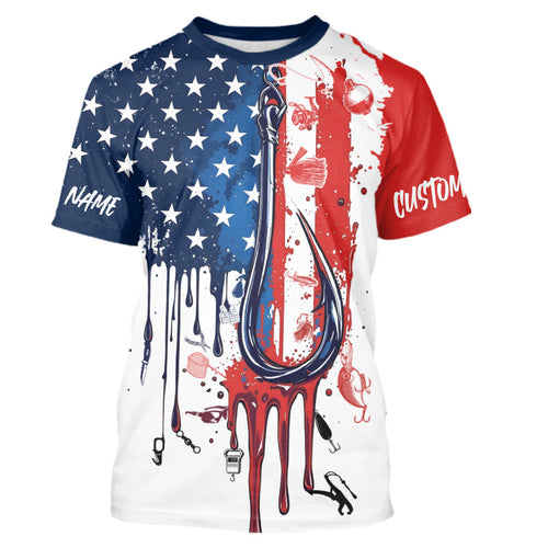 Custom American Flag Fishing Tools Shirts, Patriotic Fishing T-Shirts With Name IPHW9123