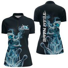 Load image into Gallery viewer, Custom Blue Flame Smoke Skull Bowling Women Quarter-Zip Shirt, Halloween Bowling Outfit IPHW9494