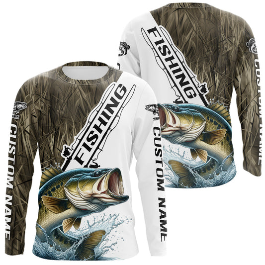Custom Name Grass Camo Largemouth Bass Long Sleeve Tournament Fishing Shirt IPHW9136