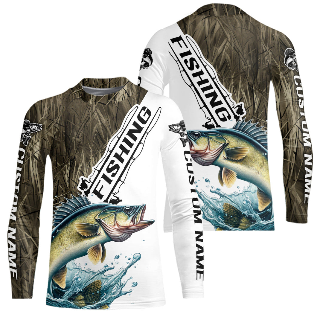 Custom Name Grass Camo Walleye Kid Long Sleeve Tournament Fishing Shirt IPHW9137