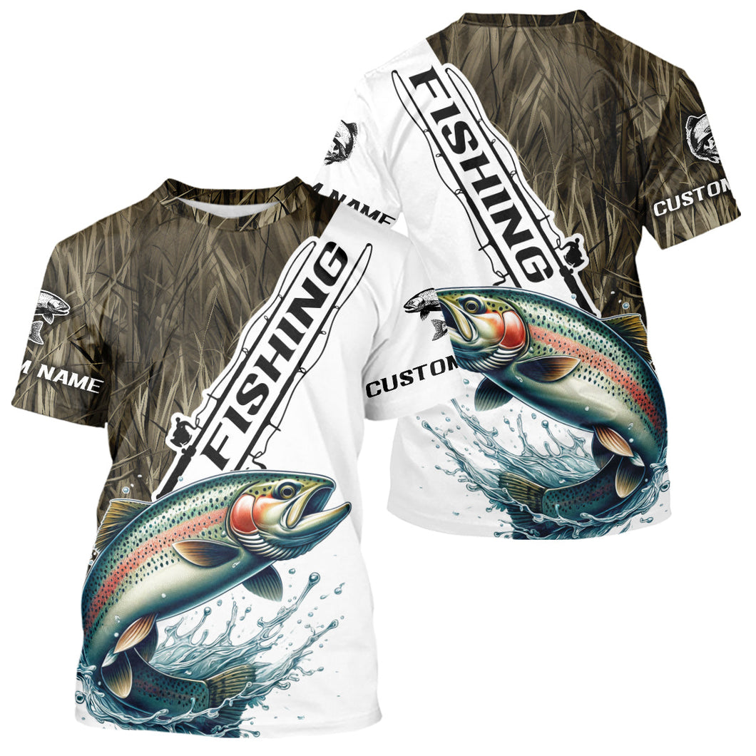 Custom Name Grass Camo Rainbow Trout Tournament Fishing T-Shirt IPHW9138