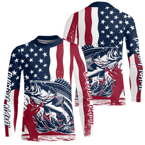 Custom Patriotic Largemouth Bass Kid Long Sleeve Fishing Shirt, American Flag Fishing Jerseys IPHW9152