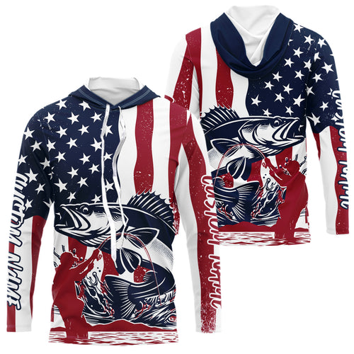 Custom Patriotic Walleye Long Sleeve Hooded Fishing Shirt, American Flag Fishing Jerseys IPHW9153