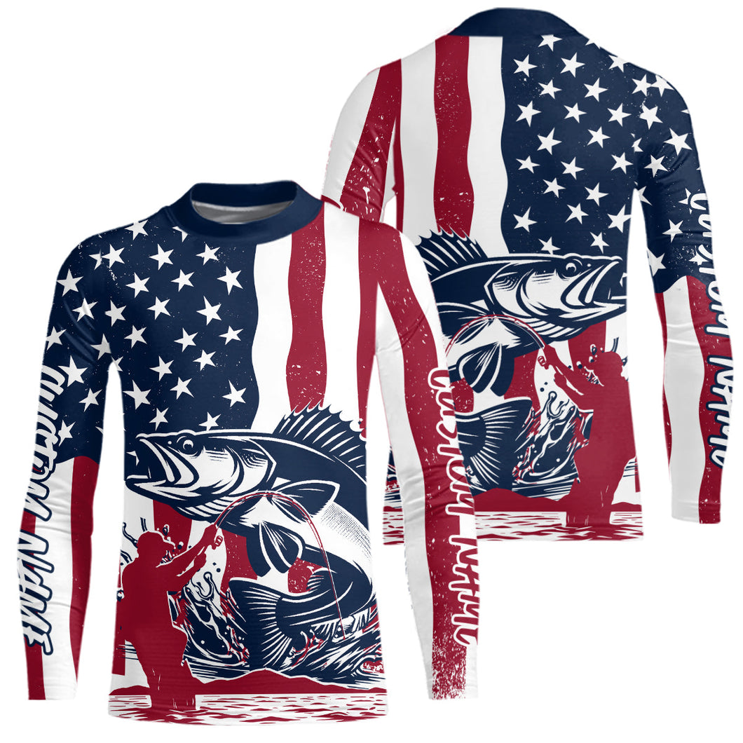 Custom Patriotic Walleye Kid Long Sleeve Fishing Shirt, American Flag Fishing Jerseys IPHW9153