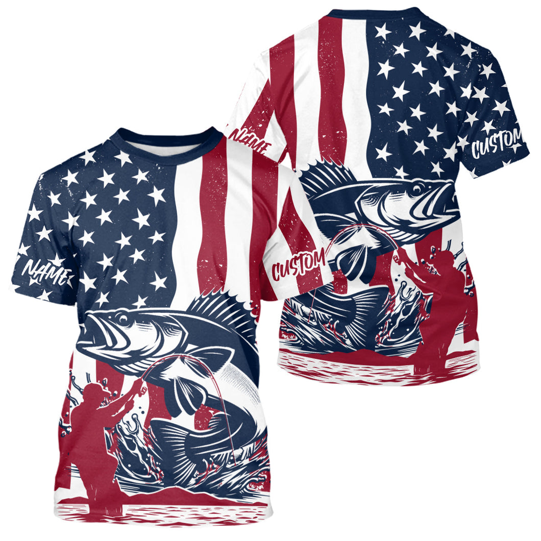 Custom Patriotic Walleye Fishing T-Shirt, American Flag Fishing Jerseys IPHW9153