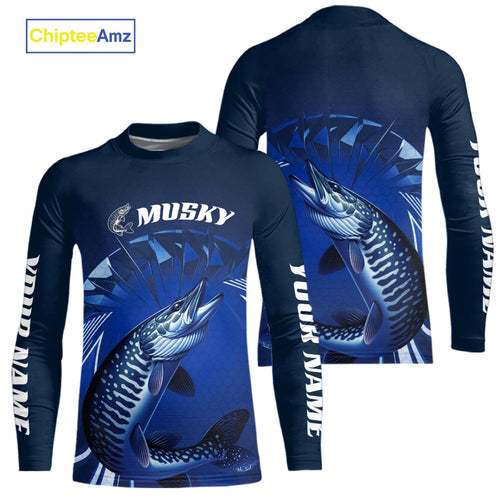 Custom Musky Fishing Blue Kid Long Sleeve Tournament Fishing Shirts, Muskie Fishing Jerseys IPHW9179