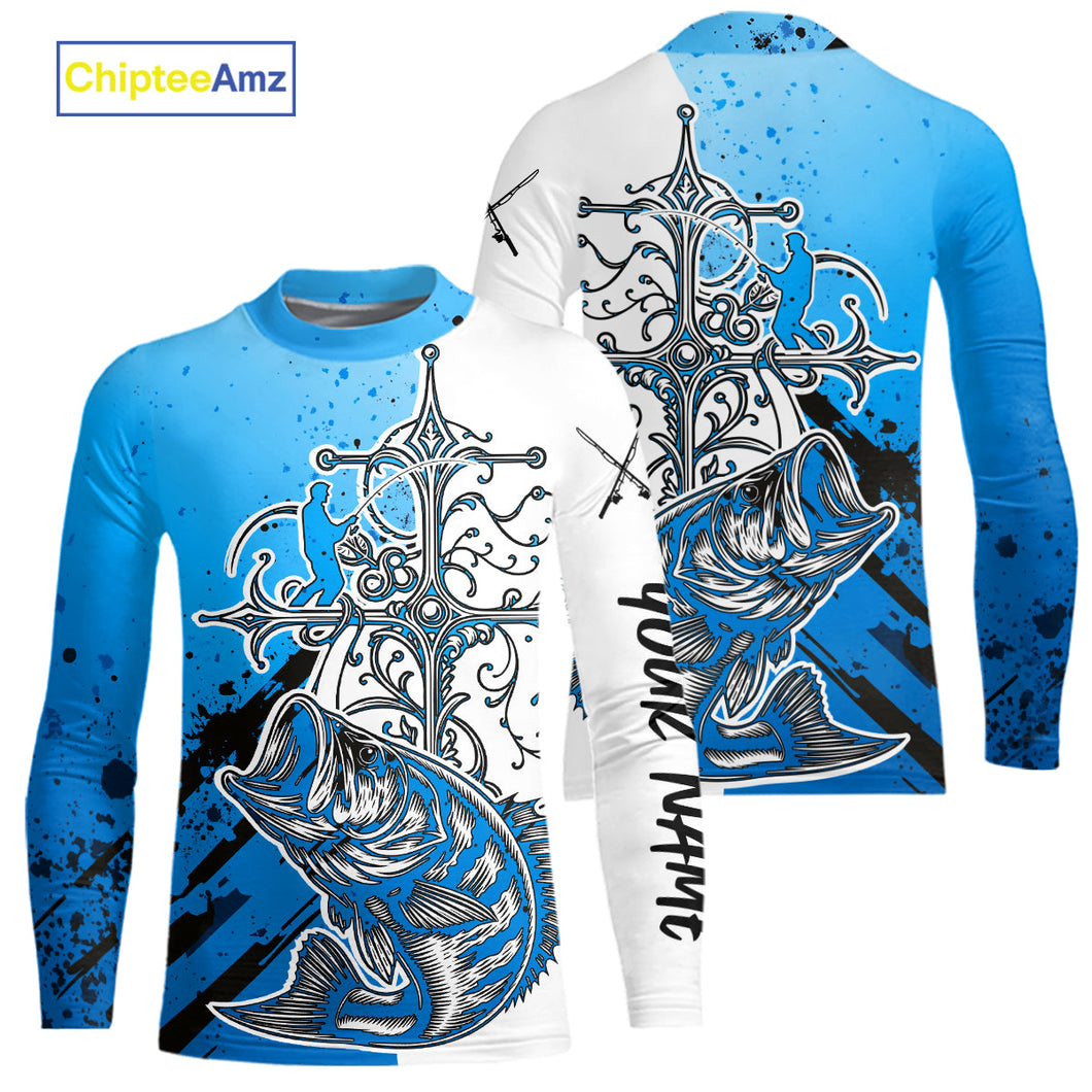 Custom Blue Camo Faith Largemouth Bass Kid Long Sleeve Tournament Fishing Shirts IPHW9185