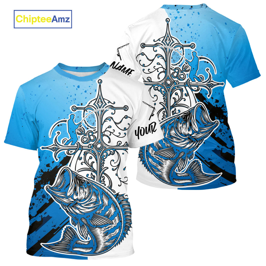 Custom Blue Camo Faith Largemouth Bass Tournament Fishing T-Shirts IPHW9185