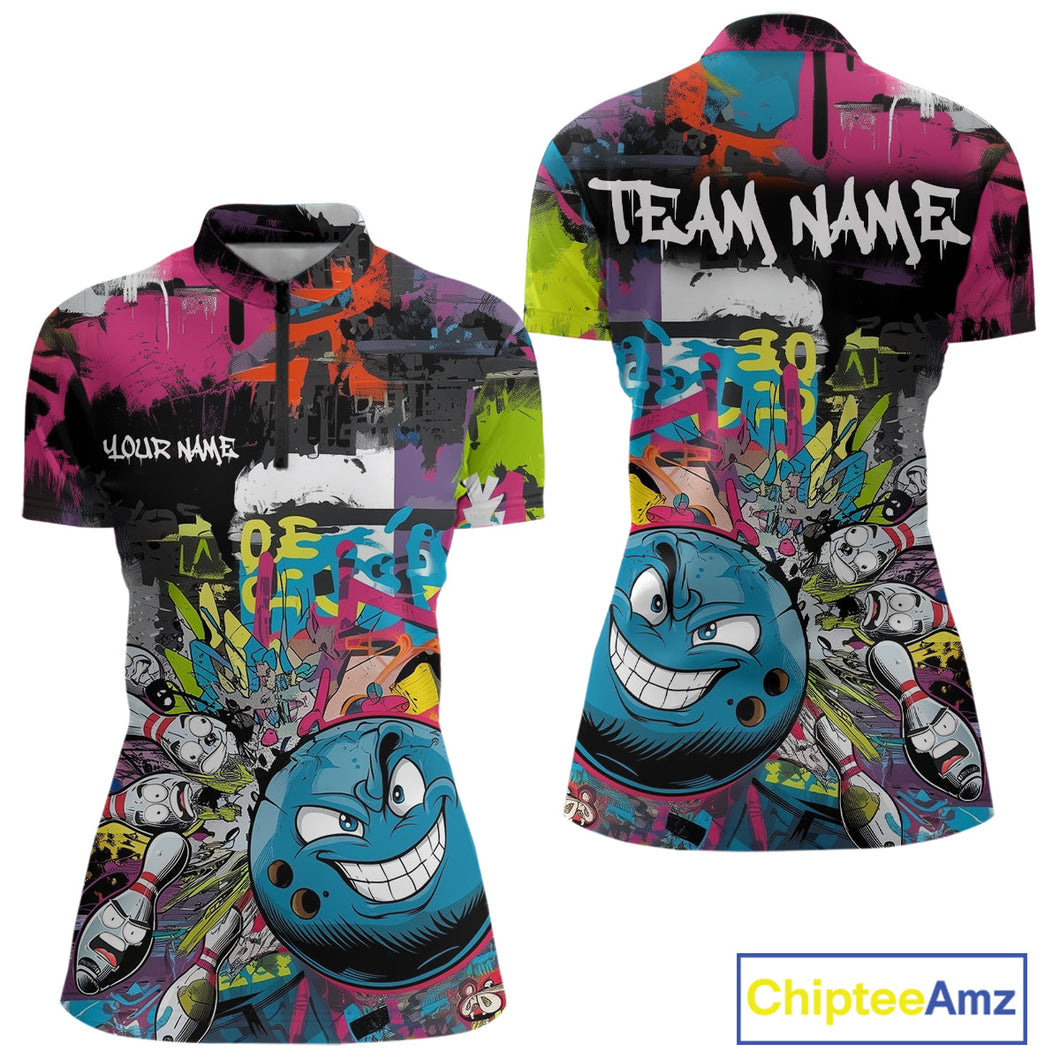 Custom Funny Graffity Colorful Bowling Women Quarter-Zip Shirts, Bowling Tournament Shirt IPHW9382