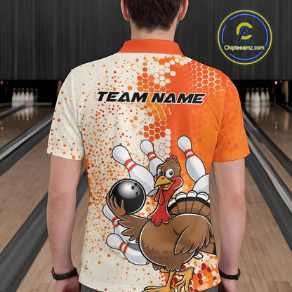 Custom Funny Orange Thanksgiving Turkey Bowling Team Men Polo Shirts, Bowling Jerseys IPHW9767
