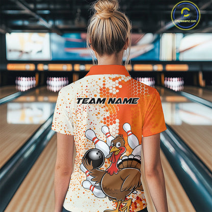 Custom Funny Orange Thanksgiving Turkey Bowling Team Women Polo Shirts, Bowling Jerseys IPHW9767