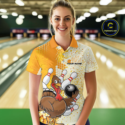 Custom Funny Yellow Thanksgiving Turkey Bowling Team Women Polo Shirts, Bowling Jerseys IPHW9768