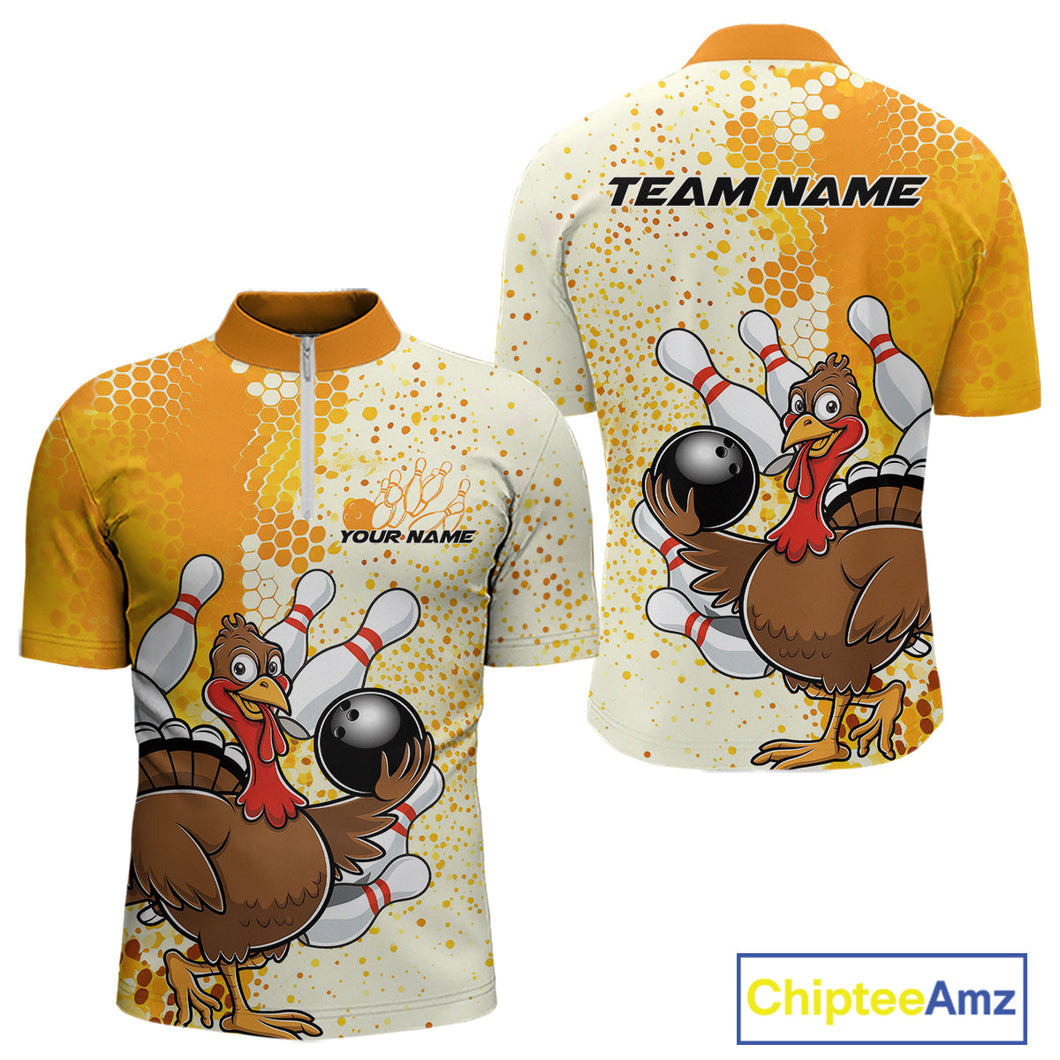 Custom Funny Yellow Thanksgiving Turkey Bowling Team Men Quarter-Zip Shirts, Bowling Jerseys IPHW9768
