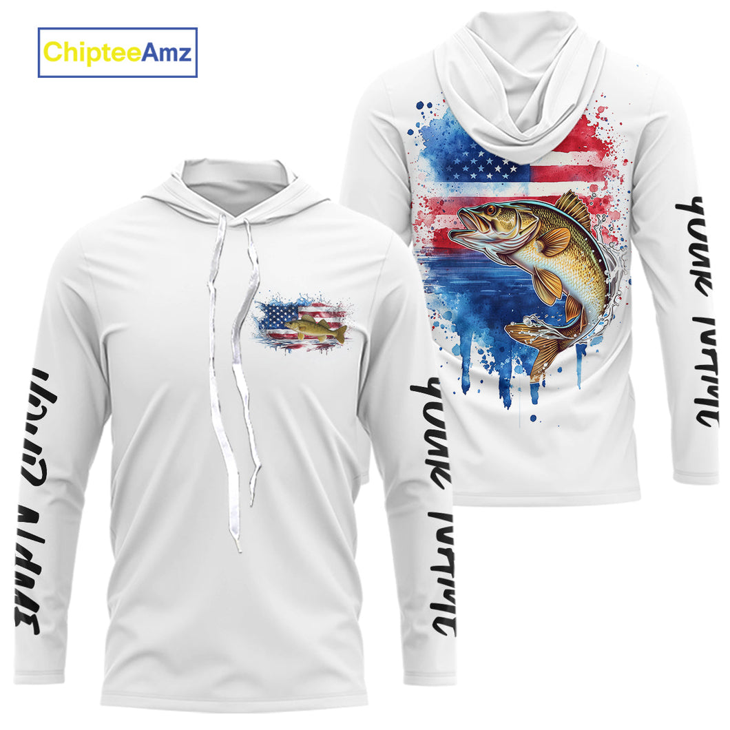 Custom Watercolor American Flag Patriotic Walleye Long Sleeve Hooded Tournament Fishing Shirt IPHW9196