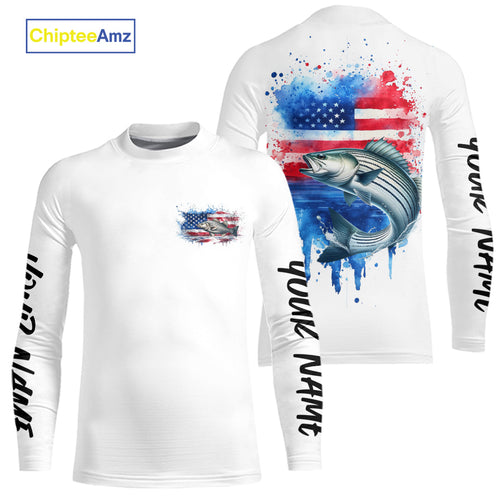 Custom Watercolor American Flag Patriotic Striped Bass Kid Long Sleeve Tournament Fishing Shirt IPHW9197