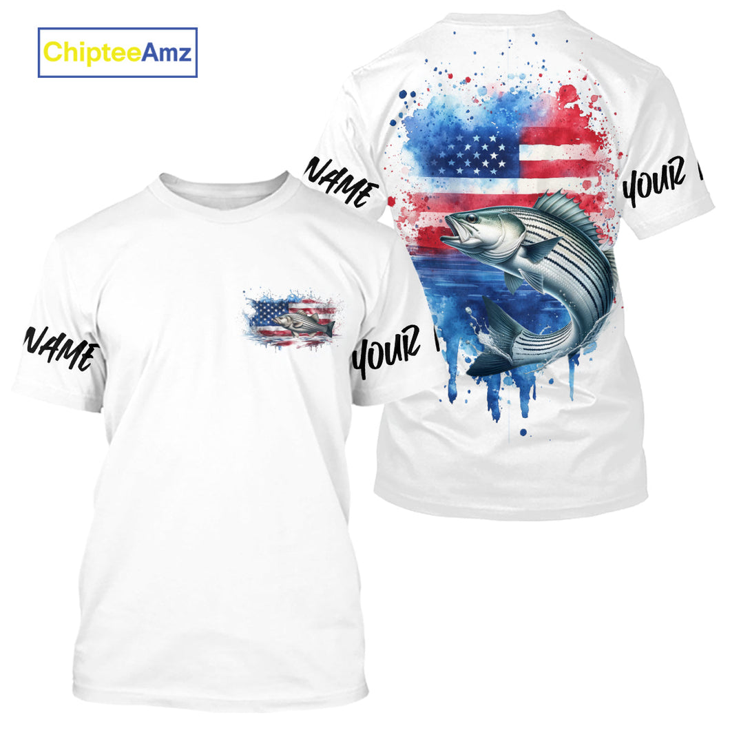 Custom Watercolor American Flag Patriotic Striped Bass Tournament Fishing T-Shirt IPHW9197