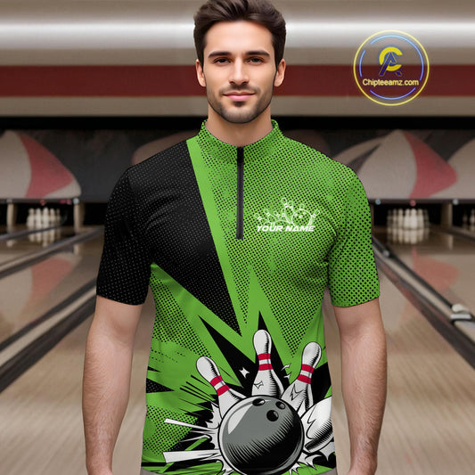 Custom Green Bowling Jerseys, Bowling Team Men Quarter-Zip Shirts Bowling League Shirt IPHW9392
