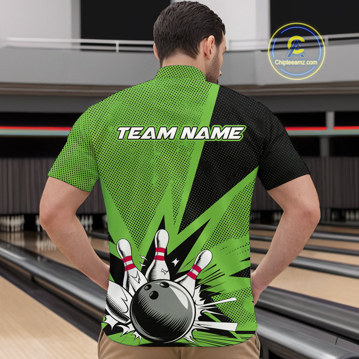 Custom Green Bowling Jerseys, Bowling Team Men Quarter-Zip Shirts Bowling League Shirt IPHW9392