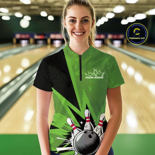 Custom Green Bowling Jerseys, Bowling Team Women Quarter-Zip Shirts Bowling League Shirt IPHW9392