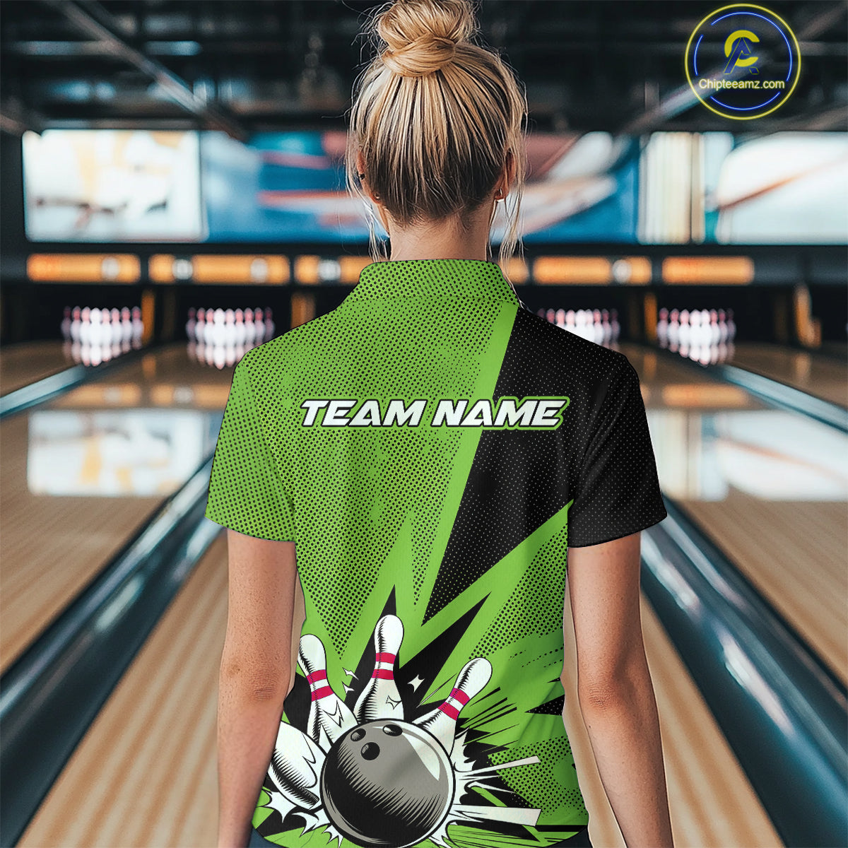 Custom Green Bowling Jerseys, Bowling Team Women Quarter-Zip Shirts Bowling League Shirt IPHW9392