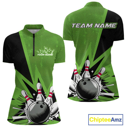 Custom Green Bowling Jerseys, Bowling Team Women Quarter-Zip Shirts Bowling League Shirt IPHW9392