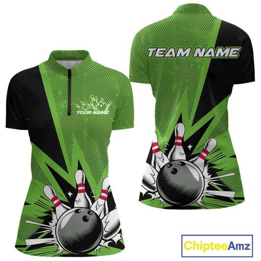 Custom Green Bowling Jerseys, Bowling Team Women Quarter-Zip Shirts Bowling League Shirt IPHW9392