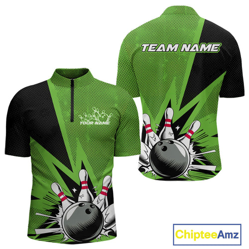 Custom Green Bowling Jerseys, Bowling Team Men Quarter-Zip Shirts Bowling League Shirt IPHW9392