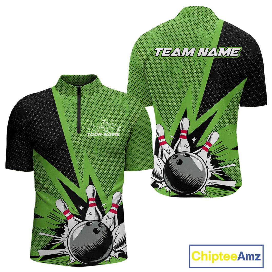 Custom Green Bowling Jerseys, Bowling Team Men Quarter-Zip Shirts Bowling League Shirt IPHW9392