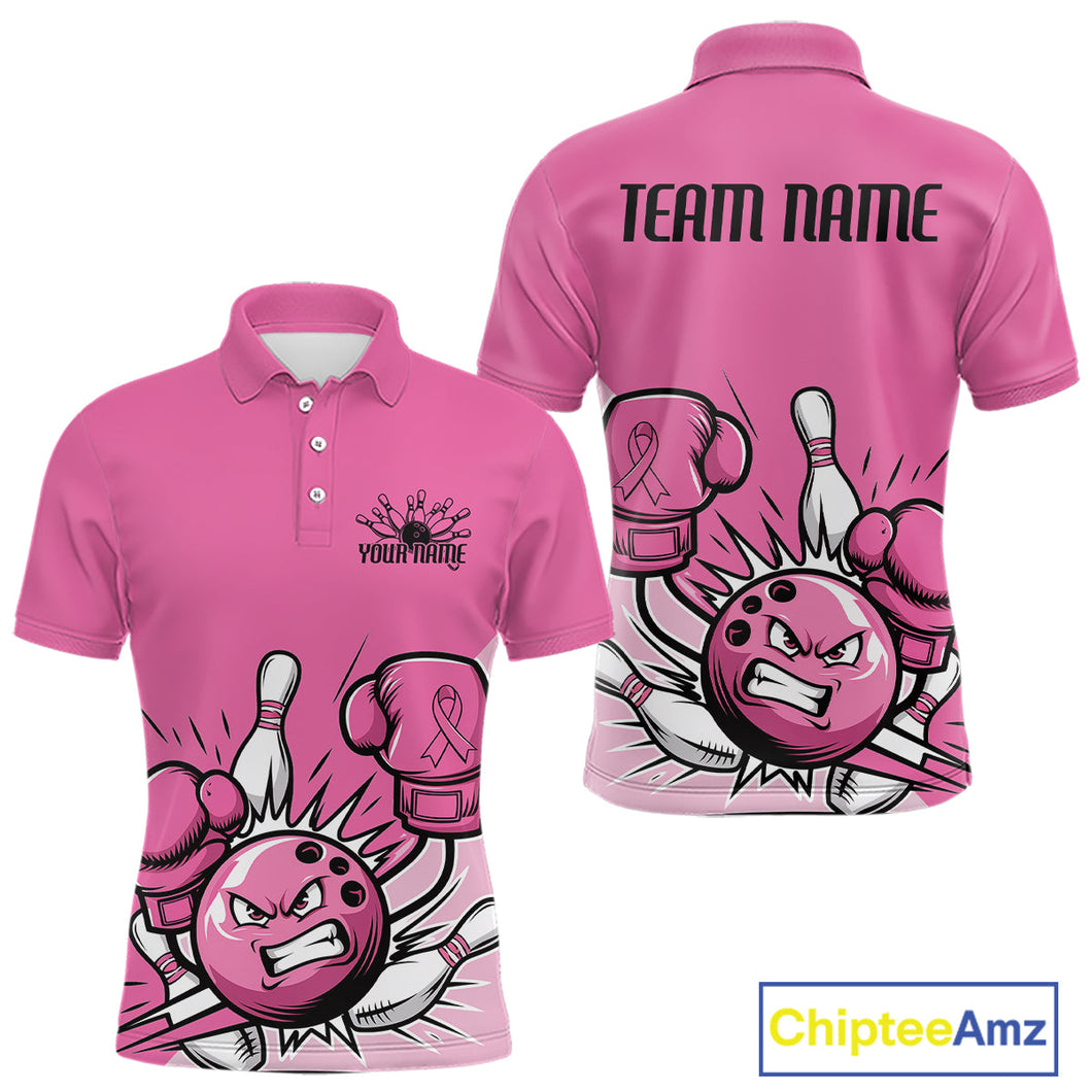 Custom Funny Pink Breast Cancer Bowling Men Polo Shirt, Breast Cancer Fighter Jerseys IPHW9395