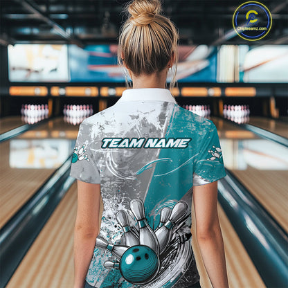 Custom Grunge Blue Bowling Women Quarter-Zip Shirt, Distressed Vintage Bowling Shirts IPHW9551