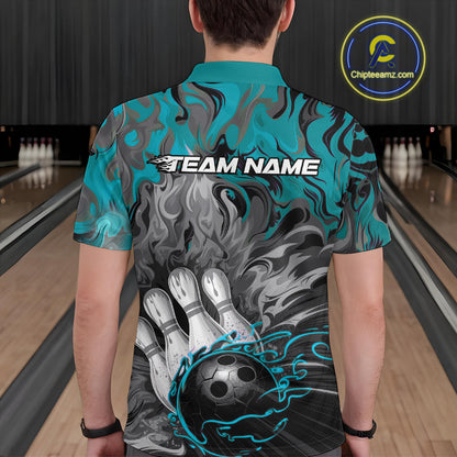 Custom Blue Fame Bowling Team Polo Shirts For Men, Fire Bowling Jerseys IPHW9560